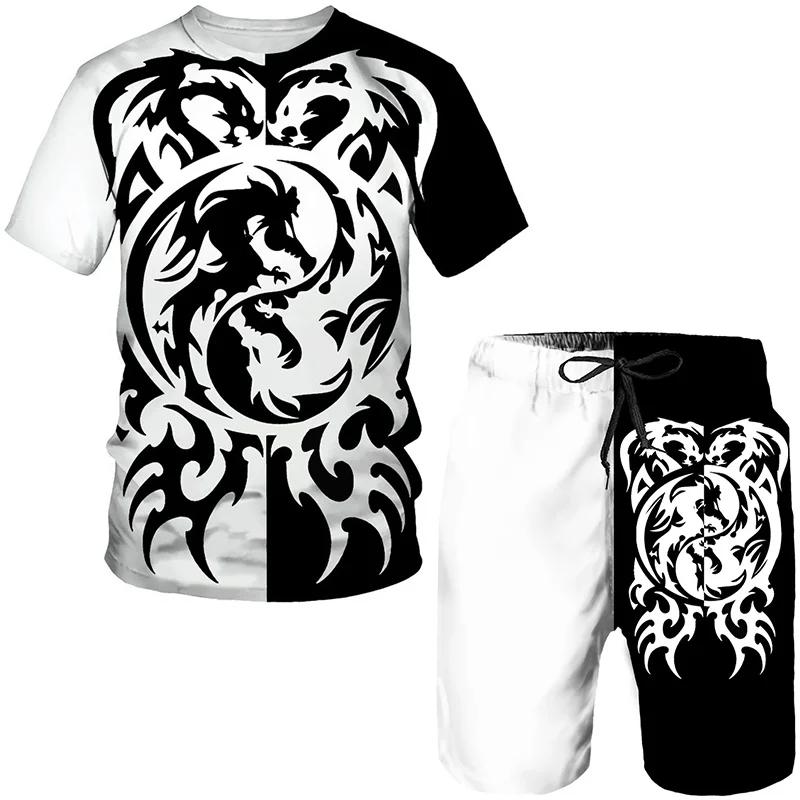Sommer Herren T-Shirts + Shorts mit Drachenlord-Muster, 2-teiliges Outfit, lässige Shorts-Sets, 3D-Druck, coole Herrenkleidung, O-Ausschnitt, Trainingsanzug