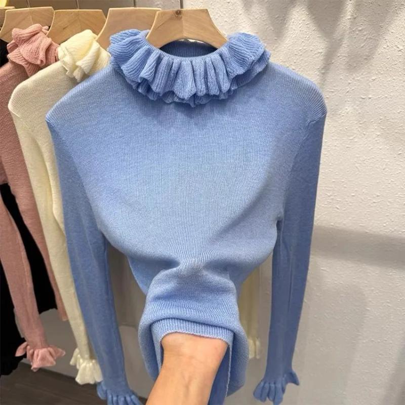 Ny Höst Spetskrage Stickad Dam Högkvalitativ Halvpolo Ull Underdel med Casual