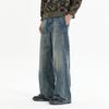 American retro old loose straight jeans men's big horn splicing personality trend lazy wind denim trousers