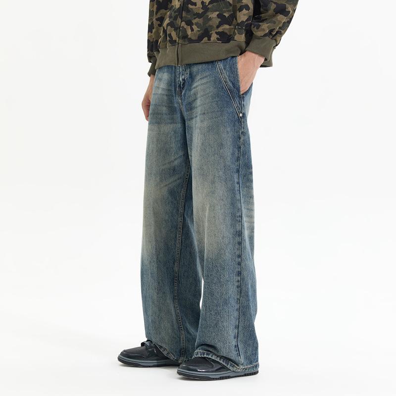 American retro old loose straight jeans men's big horn splicing personality trend lazy wind denim trousers