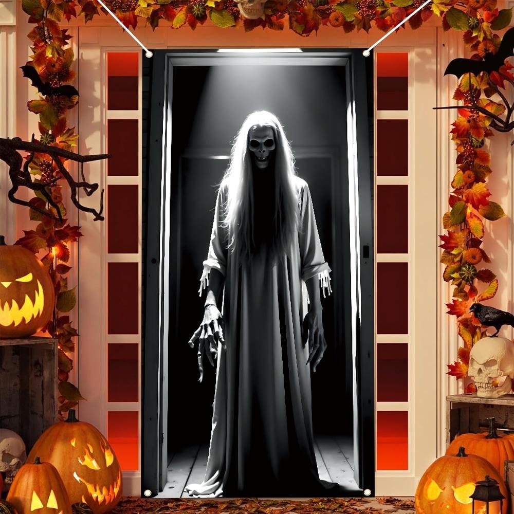 Halloween Horror Door Banner Long Haired Skeleton Ghost Haunted House Entrance Decor Spooky Theme Party Courtyard Ornament