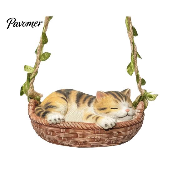 Sleeping Kitten Hanging Ornament Basket Cat Statue, Cute Figurine, Whimsical Garden Decor Resin for Outdoor Patio Porch Decoration Animal Sculpture