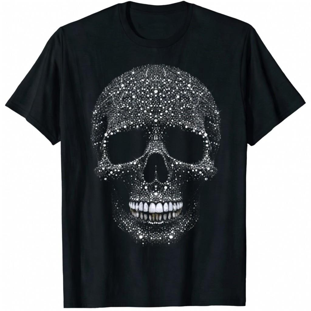 Glitter Rhinestone Skull Sparkle Diamond Single Sided Gothic Black T-Shirt Tee