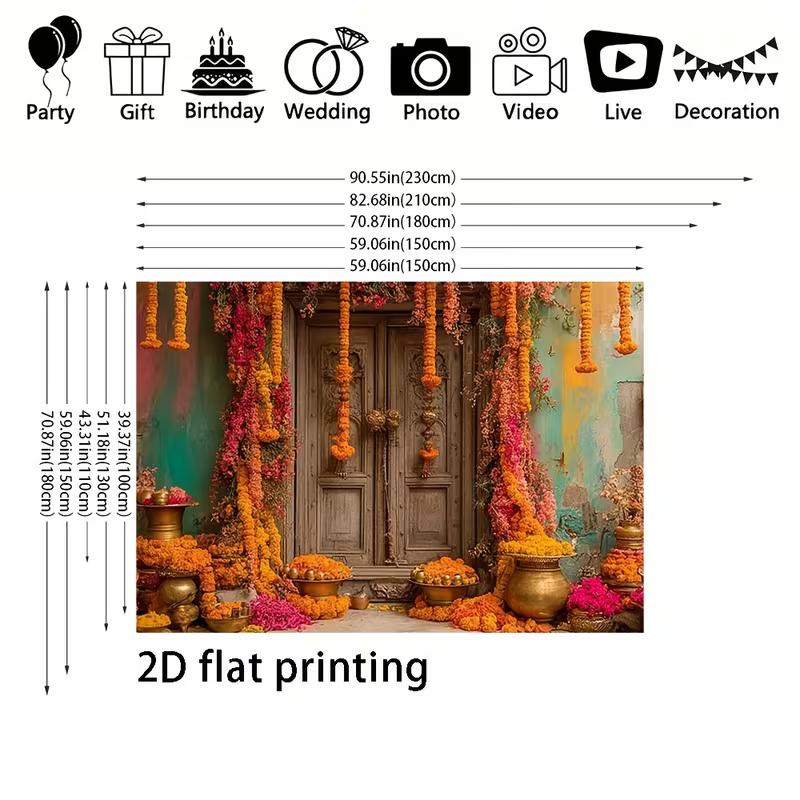 

2D Vibrant Floral Door Photography Background, Vintage Indian Door with Marigold Garlands for Festival 47.2x31.5inch/120*80cm