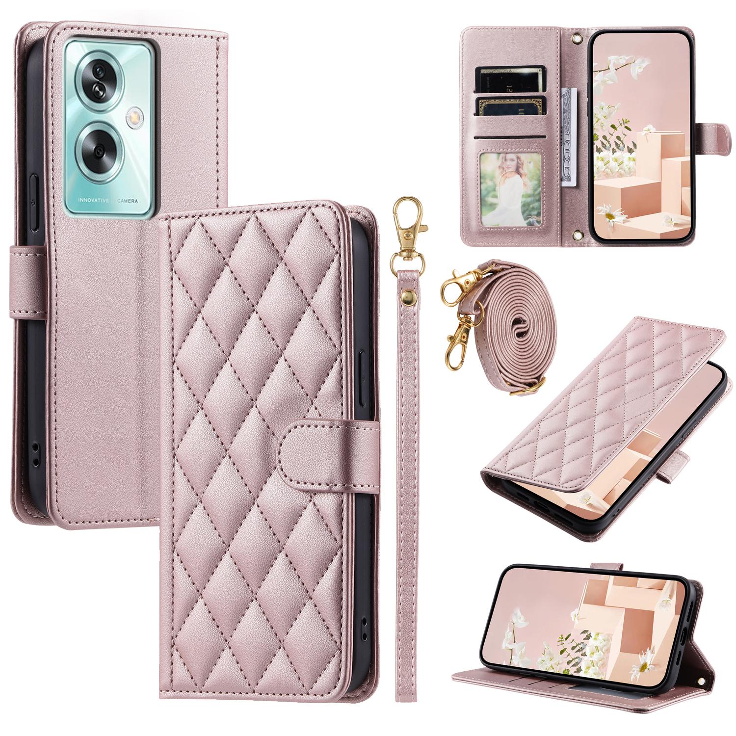 

For Oppo A79 5G/A2 5G/OnePlus Nord N30 SE 5G Case Rhombus Grid Leather Crossbody Phone Cover Rose Gold