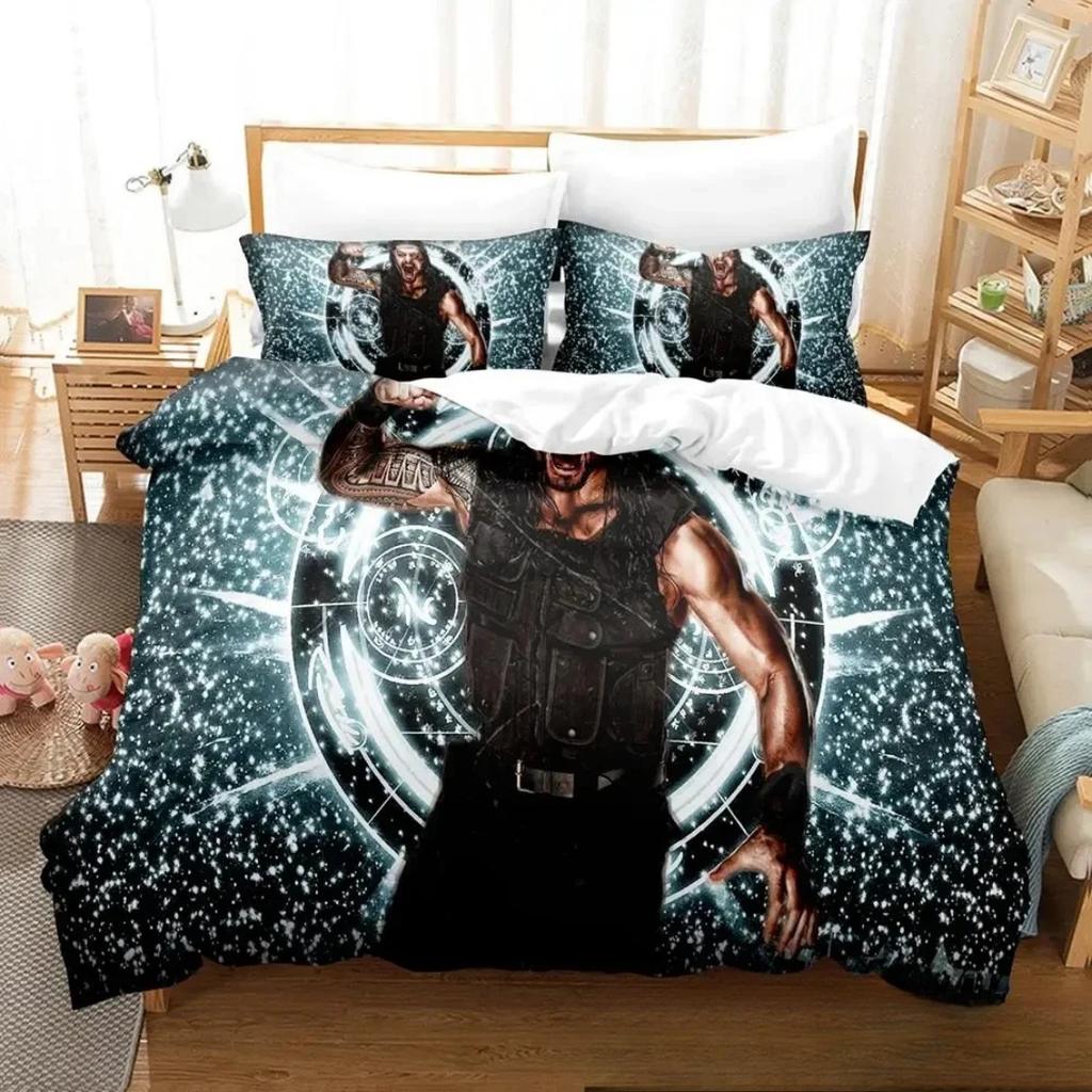 3D Druck Wrestler Roman Reigns Bettwäsche-Set,WWE Bettbezug Kissenbezug,Bettdeckenbezug Queen King Size Jungen Erwachsene