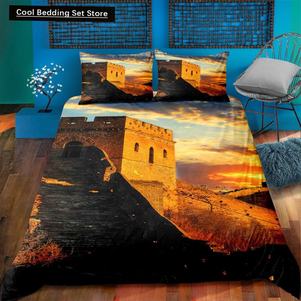 Great Wall King Queen Duvet Cover Old Chinese Building Bedding Set for Teens Adults Architecture 2/3 Pcs Polyester Quilt Cover