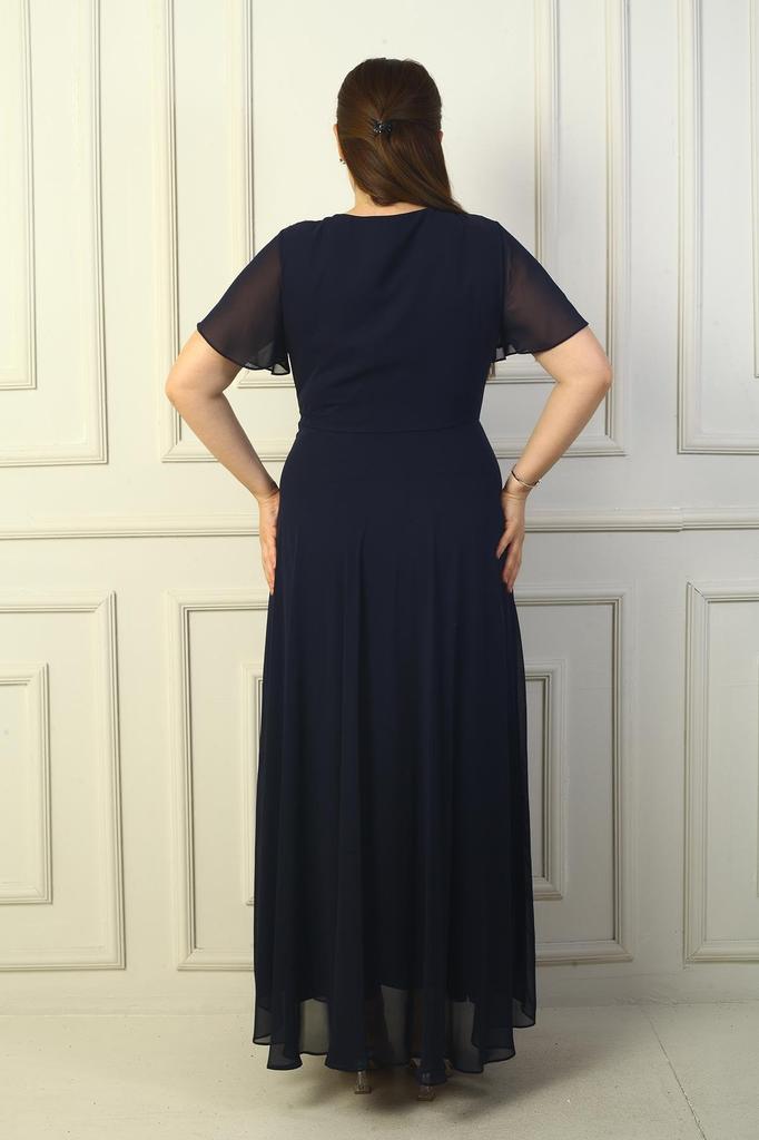 Women's Double-Breasted Front Knotted Sequin Detailed Lined Plus Size Long Chiffon Dress