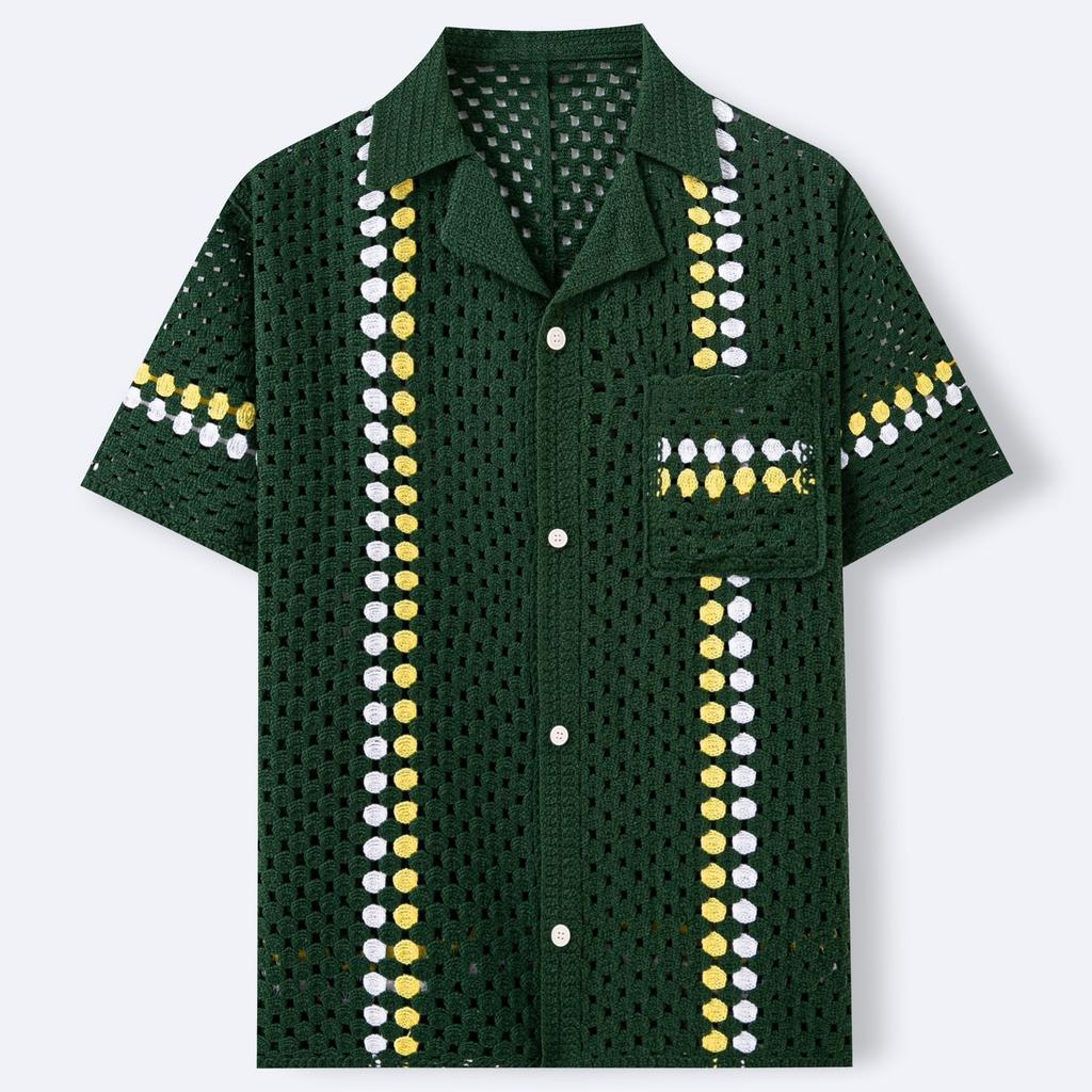 Men's Summer Vacation Vintage Knit Golf Beach Shirts Top Knitted Crochet Short Sleeve Shirts Casual Button Down Hollow Out Collared Shirt Tops for Men