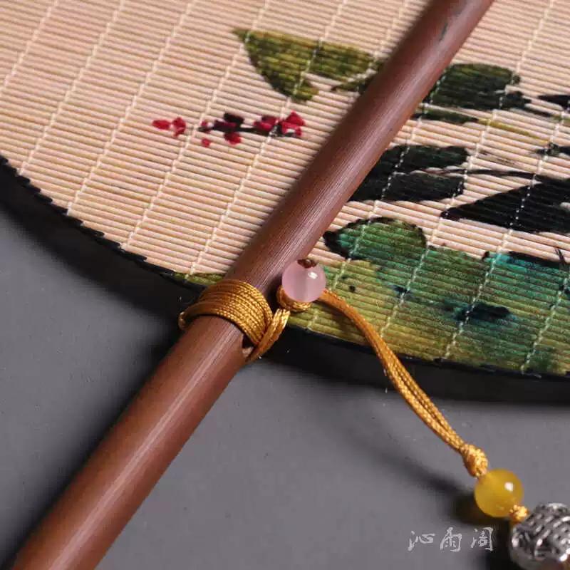Handmade Waist Fan Antique Fan Han Chinese Clothing Cheongsam Rolling Long Handle Circular Fan Chinese Wind Long Tassel Double-Sided Old Bamboo