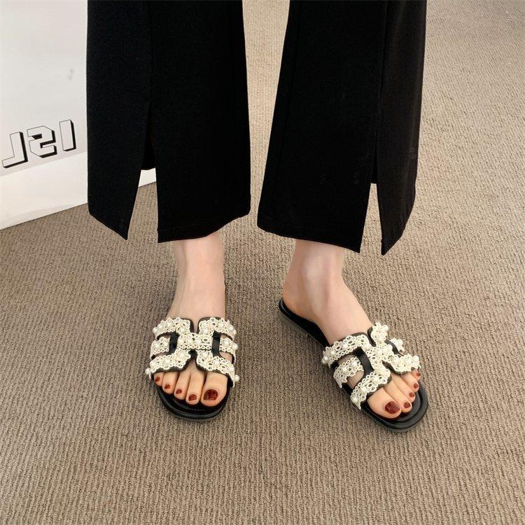 One-word Drag with Skirt Summer New Fairy Small Fragrant Slippers Female Outer Wear Pearl Soft Bottom Soft Surface Cool Slippers