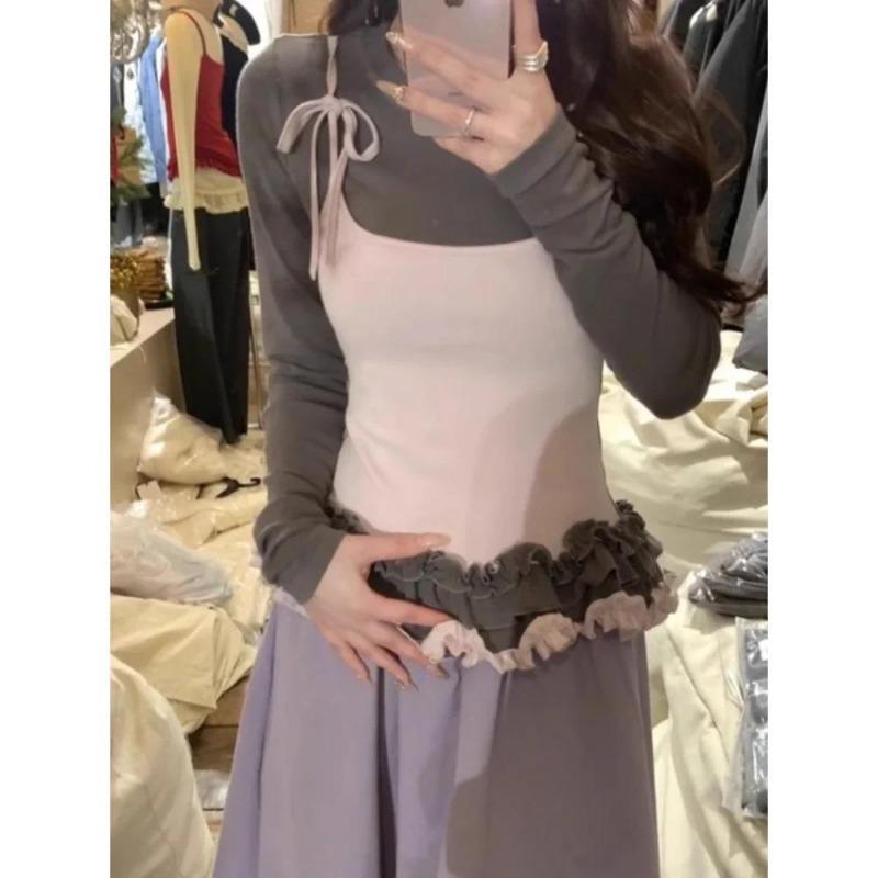 2KWEIRD Korean Woman T Shirts Fake Two Chic Tees Long Sleeve O-neck Ruffles Sweet Camisetas Bandage Casual Y2k T-shirts