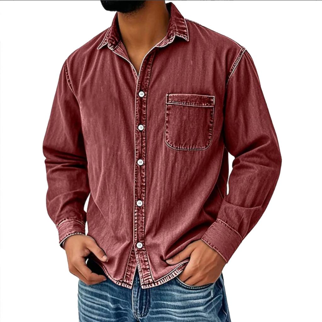 Men's Casual Solid Color Distressed Denim Shirt, Men's American Workwear, Retro Washed Long-sleeved Top