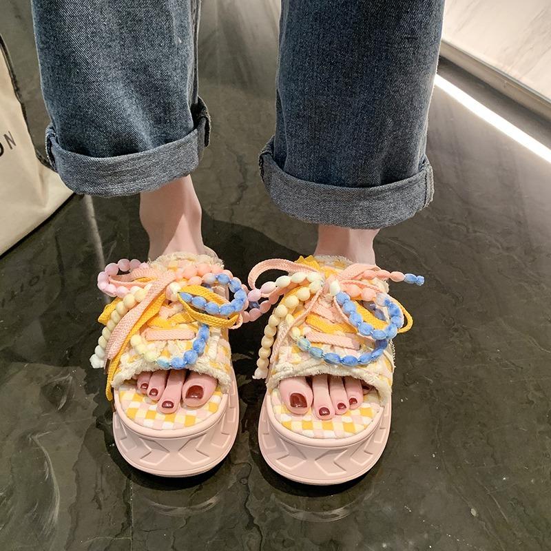 Fashion 6cm Cute Kawaii Fashion Graffiti Slippers Women's Thick Soles Raised Canvas Line Drag for Women's Trendy Muffins  External Wear