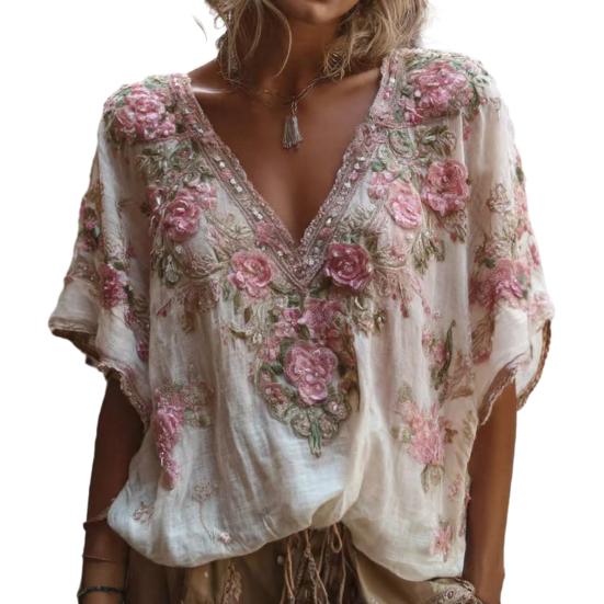 Women Tops 3D Printed Imitation Jacquard V-Neck Short Sleeve Loose Fit Soft Breathable Summer Shirt Daily Wear