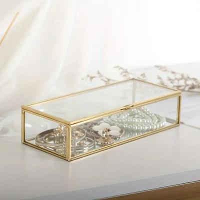 Jewelry Display Case Rectangular Glass Box Vintage Golden Edge Glass Box With Lid