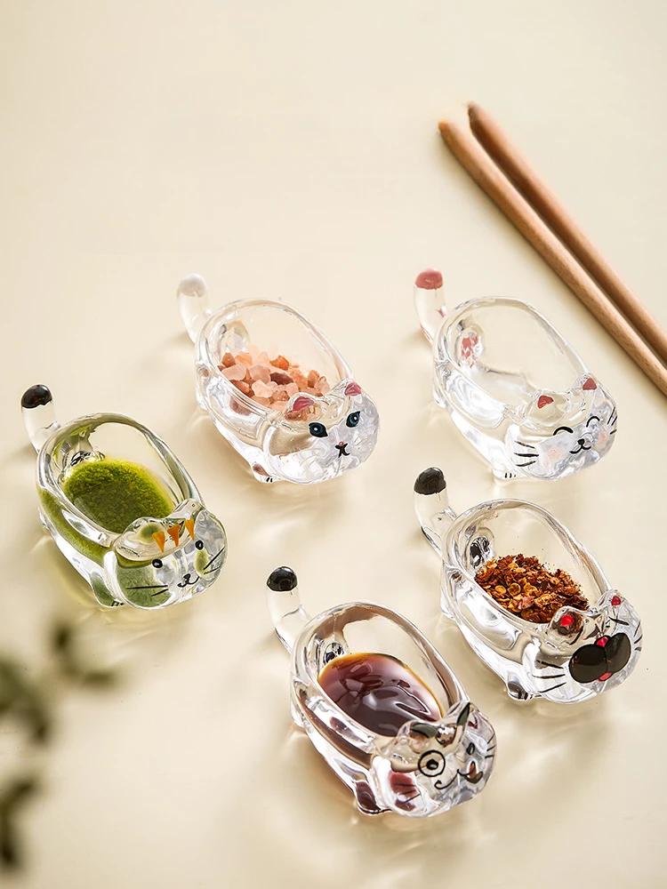 Creative Kitty Dip Dish Crystal Glass Tomato Salad Soy Sauce Vinegar Dry Dish Cartoon Home Snack Small Plate Chopsticks Holder