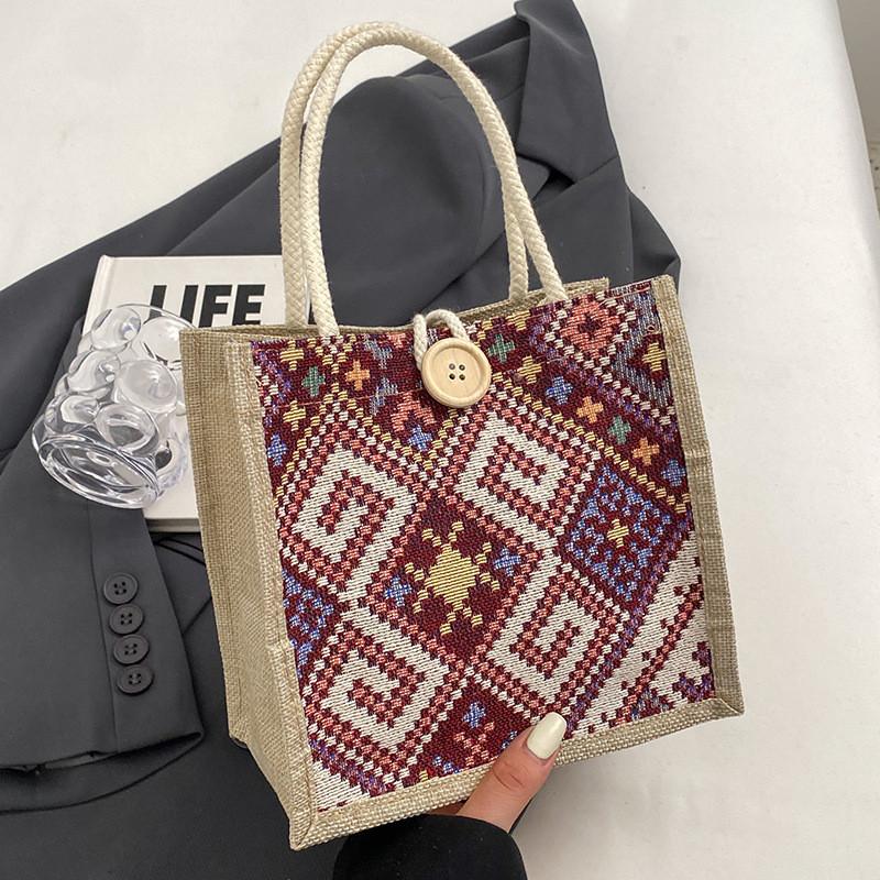 Fashionable Ethnic Style Canvas Bag For Women Small Square Bag With Button Closure
