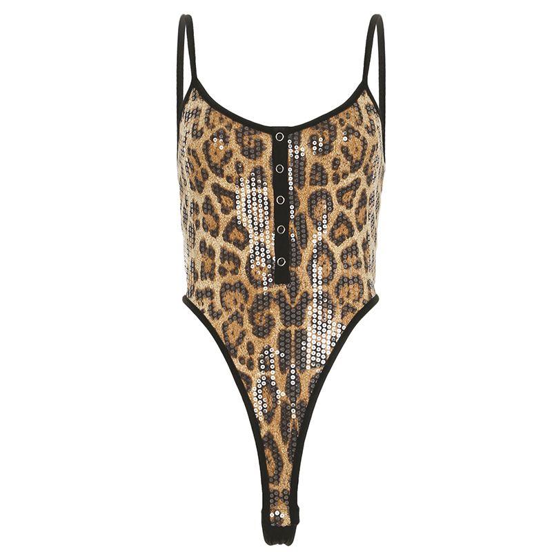 

Outfitgirl Sexy Leopard Print Sequin Breasted U-Neck High Waist Jumpsuit Wild Silm Jumpsuit Suspender Vest Brown S