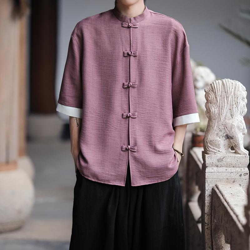 

Summer Thin Anti-wrinkle Ice Silk Shirt Men s Large Size Loose Five-point Sleeve Tang Suit Chinese Men s Chinese Style Hanfu XS фіолетовий