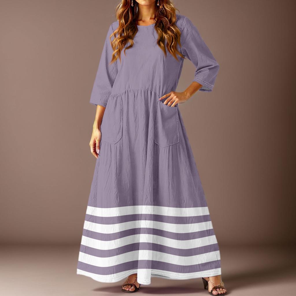 Women's Casual Fashion Striped Printed Three-quarter Sleeve Pocket Long Dress