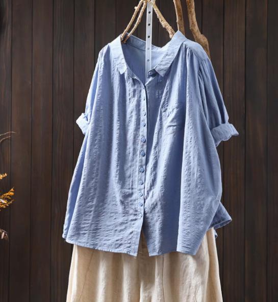 Johnature Women Vintage Shirts Tops Patchwork Pockets Solid Color Turn-down Collar Half Sleeve Thin Summer Shirt