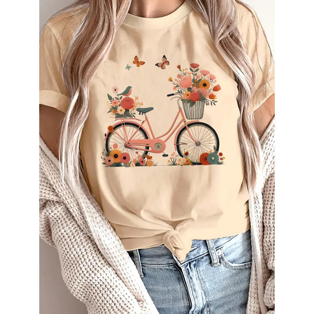 Floral Butterfly with Bicycle Print Casual T-Shirt Graphic Print Design Round Neck Tee Spring Summer T Shirt M