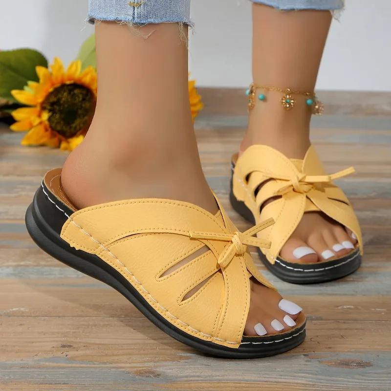 New Summer Open-toe Roman Sandals Solid Color Slippers Women's Casual Beach Slippers Bow Wedge Heel Slippers Slides Women