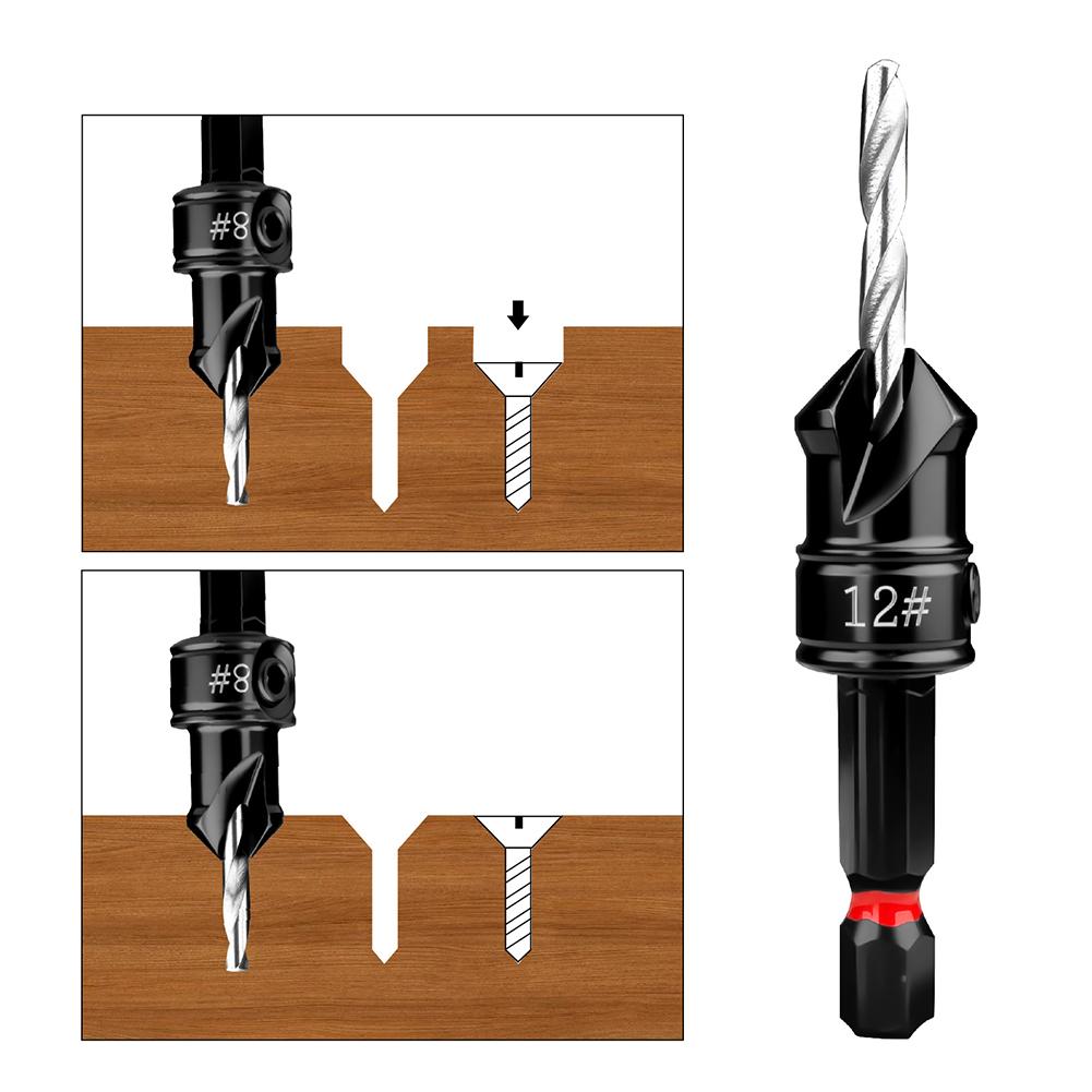 For Woodworking Countersink Bit Pilot Hole Cutter Black as Picture Fits Screws 5- 12 Counter Sleeve For Counterbore