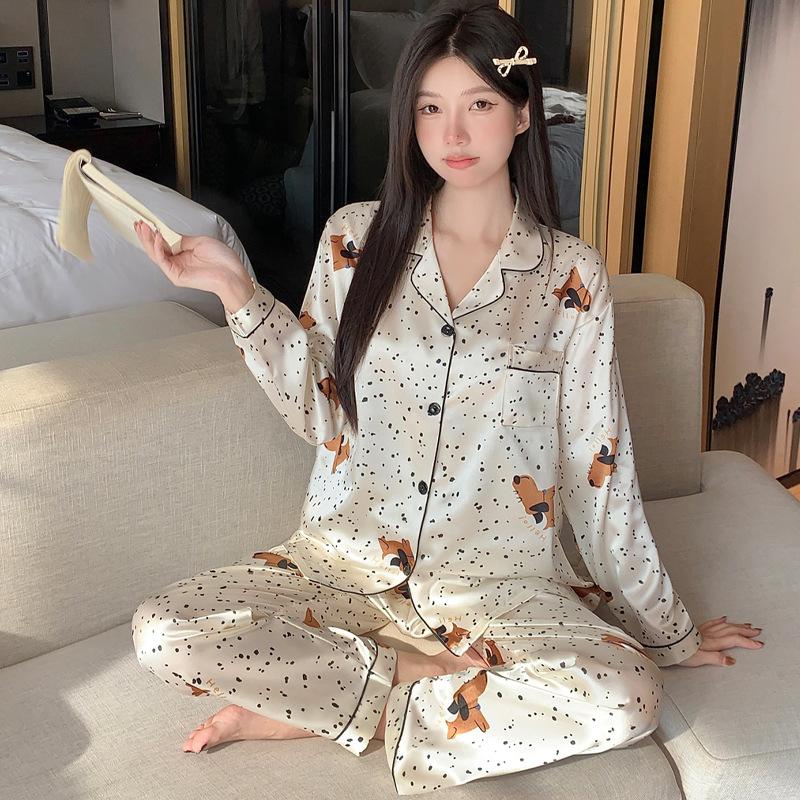 Ice Silk Pajamas Women'S Spring Thin Long-Sleeved Two-Piece Set, Sweet And Cool Loungewear Can Be Worn Outside