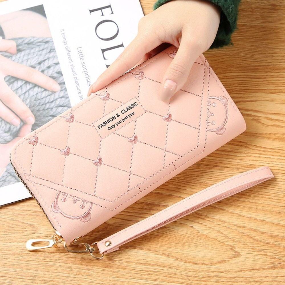 Fashion PU Leather Long Wallet Zipper Large Capacity Coin Purse Embroidery Wristlet Handbag Women