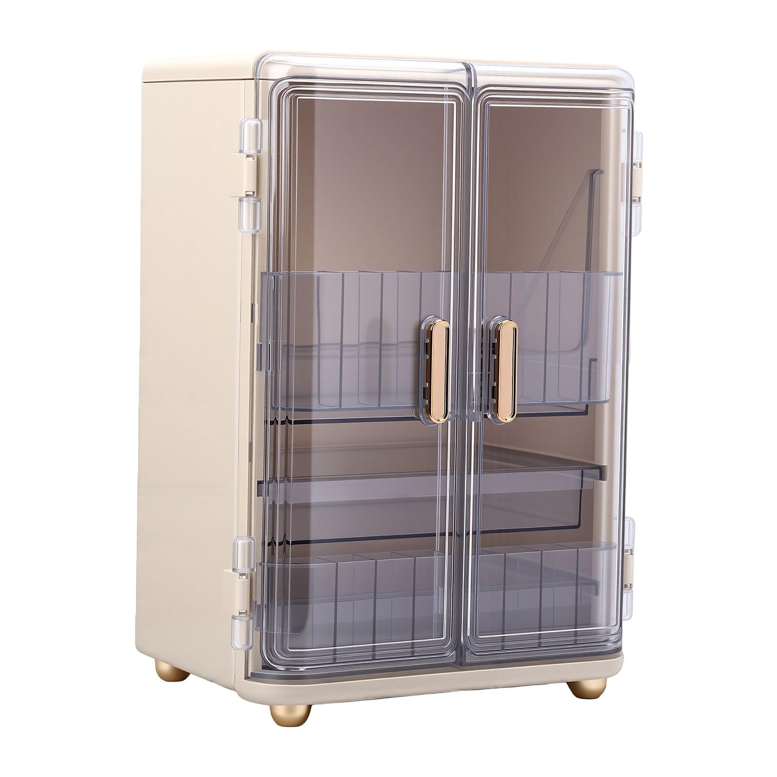 Organisateur de Maquillage sur Comptoir Boîte de Rangement pour Outils de Soin de la Peau avec Conception de Porte Transparente Organisateur Cosmétique à 3 Niveaux Grand