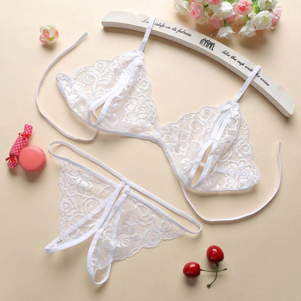 Transparent Thong Floral Panty Women Bra Lace Lingerie Open Cup