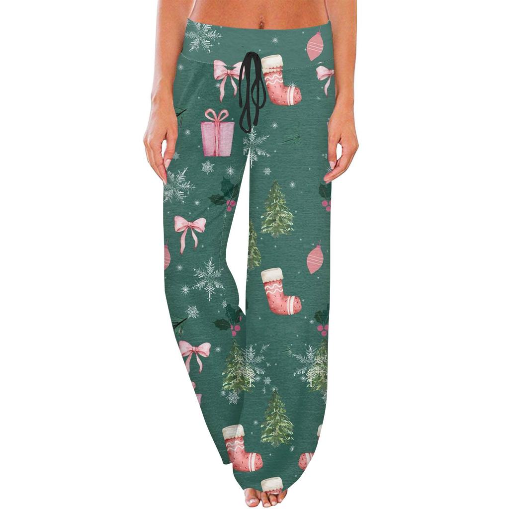 Bequeme Pyjamahose für Damen mit weihnachtlichem Aufdruck und weitem Bein und Kordelzug