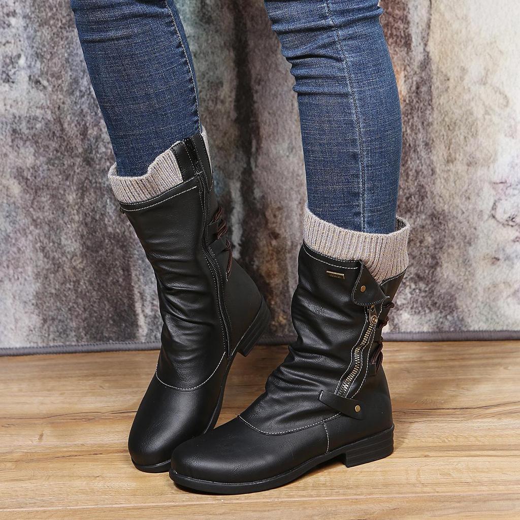 2021 Autumn/Winter Women's Plus Size Leather Boots, Round Toe with Wool Trim and Side Zip