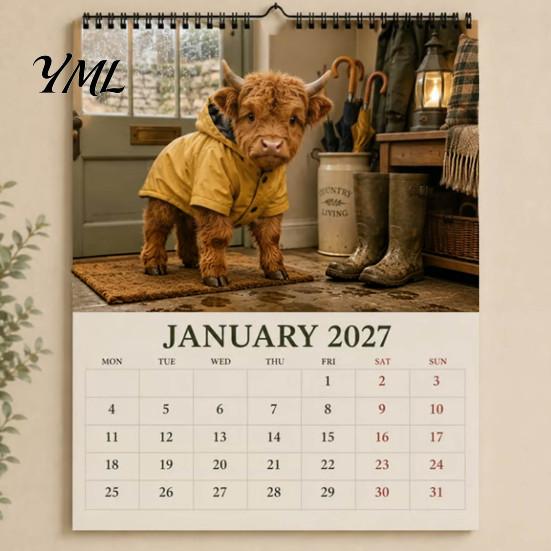 Cute Cow Theme Calendar 2027 Highland Seasons Calendar, 12-Month Desk Planner with Art, Desktop Appointment Thick Paper Daily Organizer for
