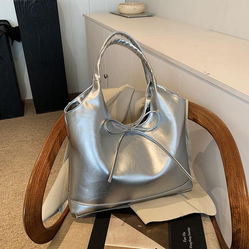 New Bow Niche Pu Women's Bag Simple Commuter Literary Shoulder Bag Large Capacity Underarm Tote Bag Women
