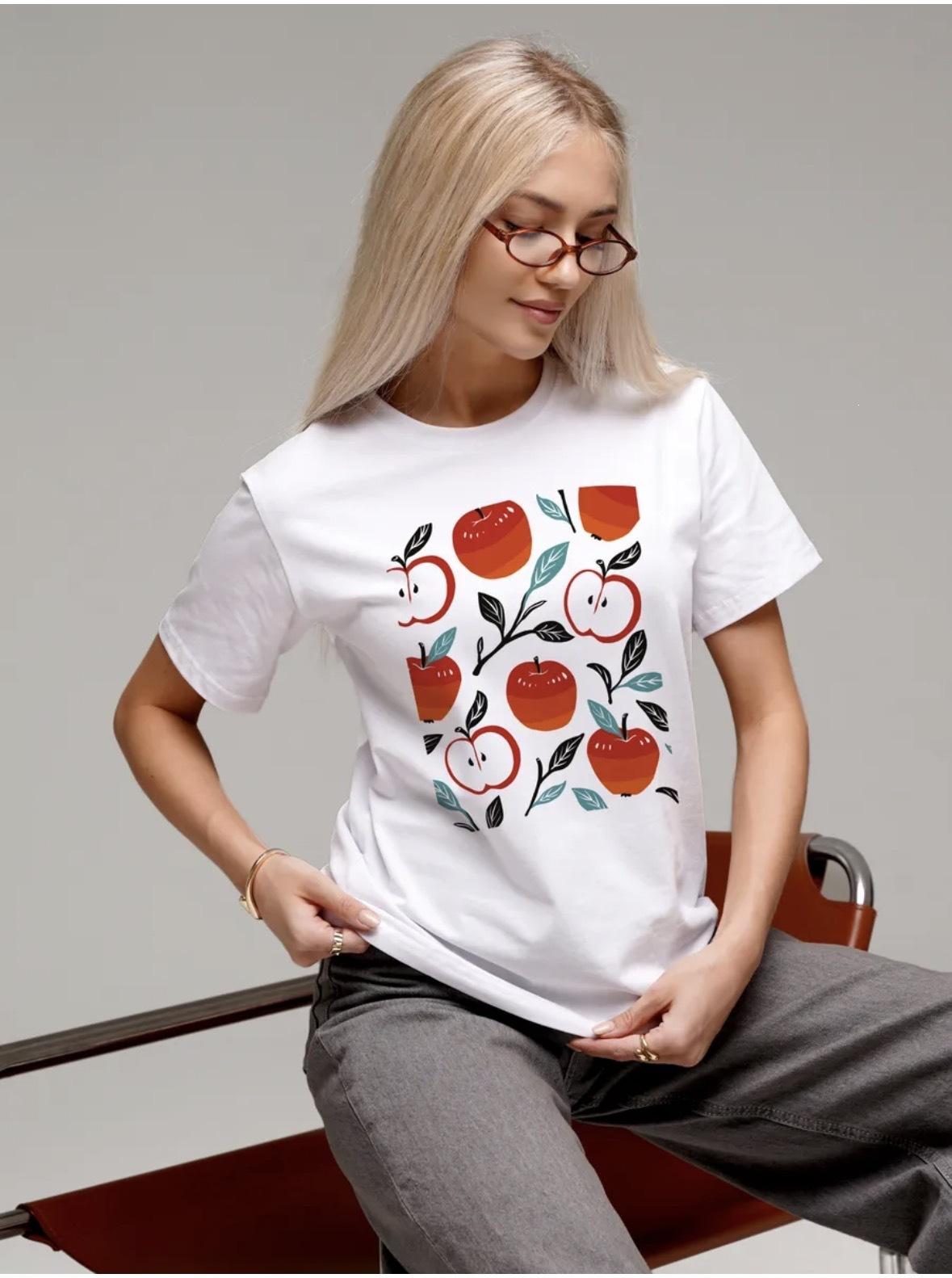 % Pure cotton short-sleeve T-shirt, summer new trendy brand trendy versatile trendy Apple print loose top S белый