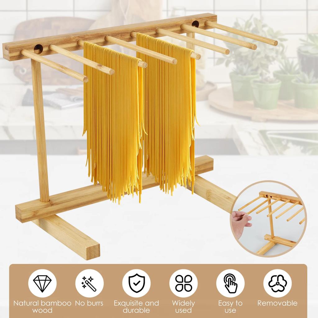 Pasta Drying Rack with 8 Bars Wooden Noodle Drying Rack Detachable Pasta Dryer Stand Portable Noodle Hanging Rack Household