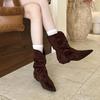 Autumn and winter new pointed small square heel French fashion suede pleated piled boots short boots
