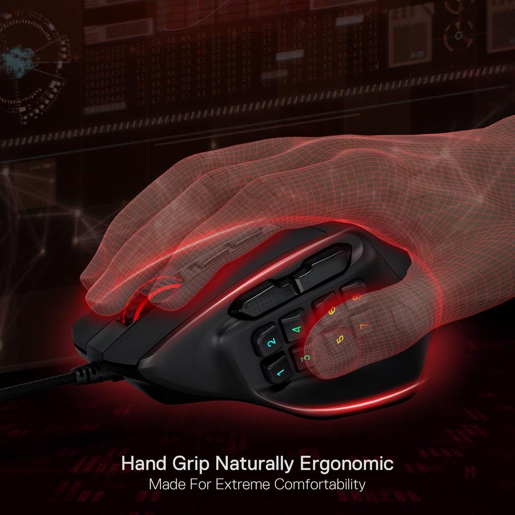 Redragon M811 Aatrox MMO Gaming 15 Programmable Wired RGB Gaming Ergonomic Natural Grip 10 Side Macro DIY Keybinding Backlight Support Mouse, Buttons,
