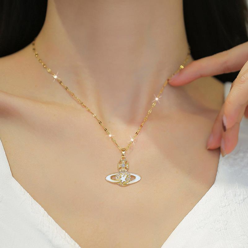 Oil Dripping Planet Ji Light Luxury Temperament Gorgeous Full Diamond Necklace Female Versatile Clavicle Chain Titanium Steel Chain