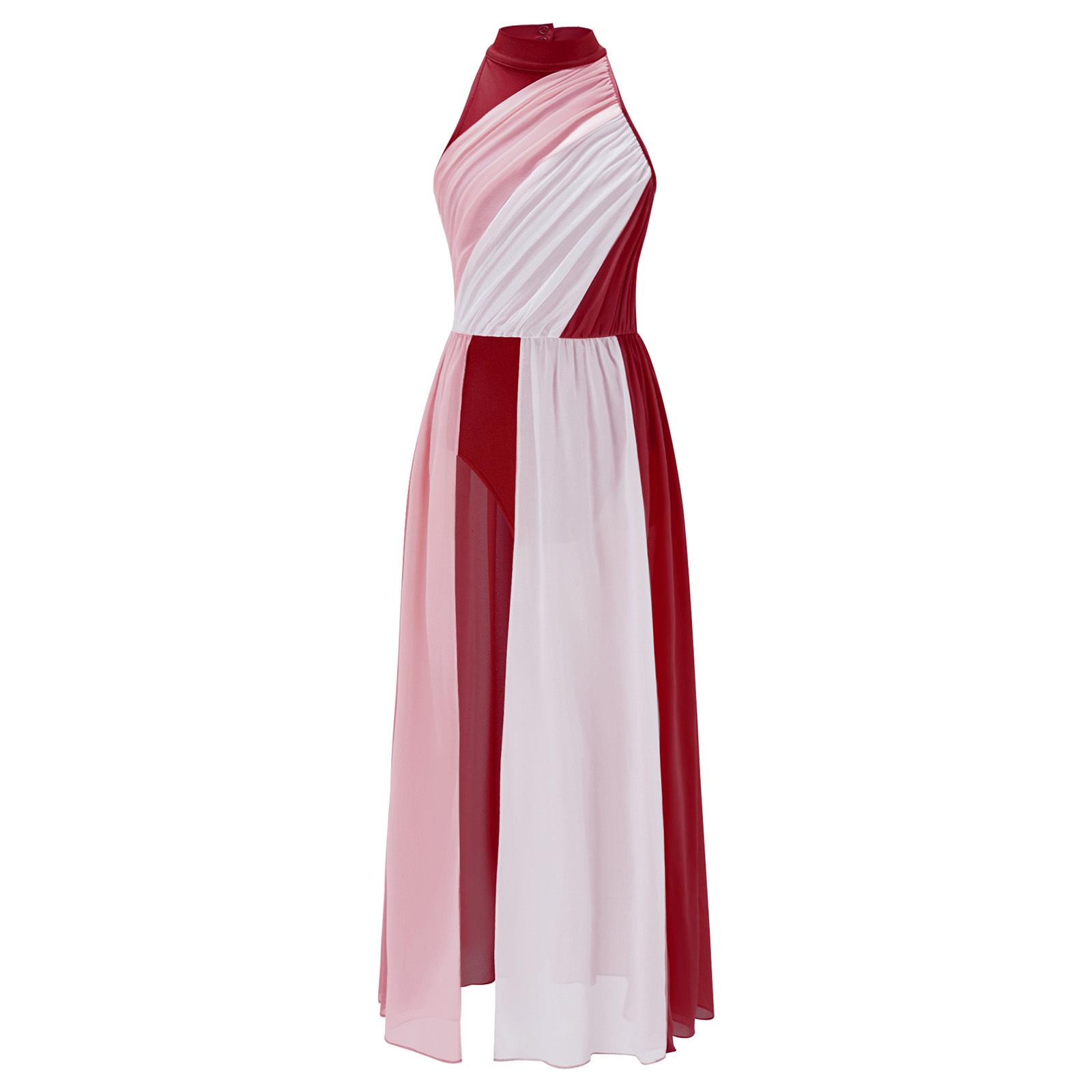 

Стильна лірична сукня з кольоровими блоками - ззаду з вирізом у формі замкової щілини та високим/низьким подолом для танцювальних змагань для дівчаток 9-10 Years бордовий