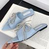 Fashion Metal Beaded Bow Decoration Flat Slippers Women Summer Sexy Pointed Toe Open Toe Slide Sandals Soft Leather Cozy Beach Sandals