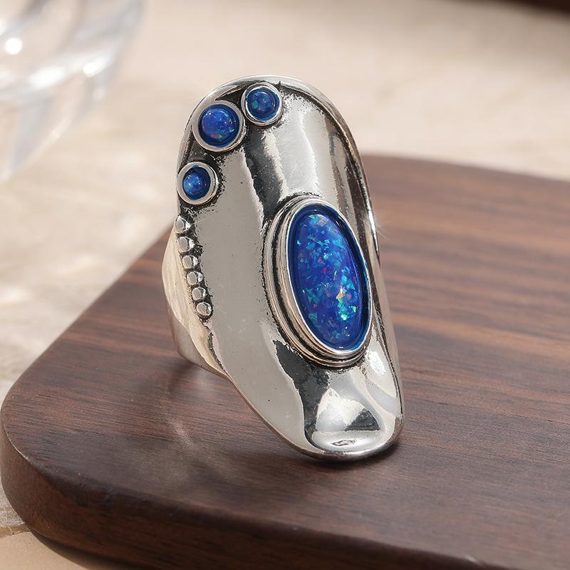 Vintage Copper Material Ring, Handmade Synthetic Long Opal Ring, Synthetic Blue Opal Ring As A Gift for Mom