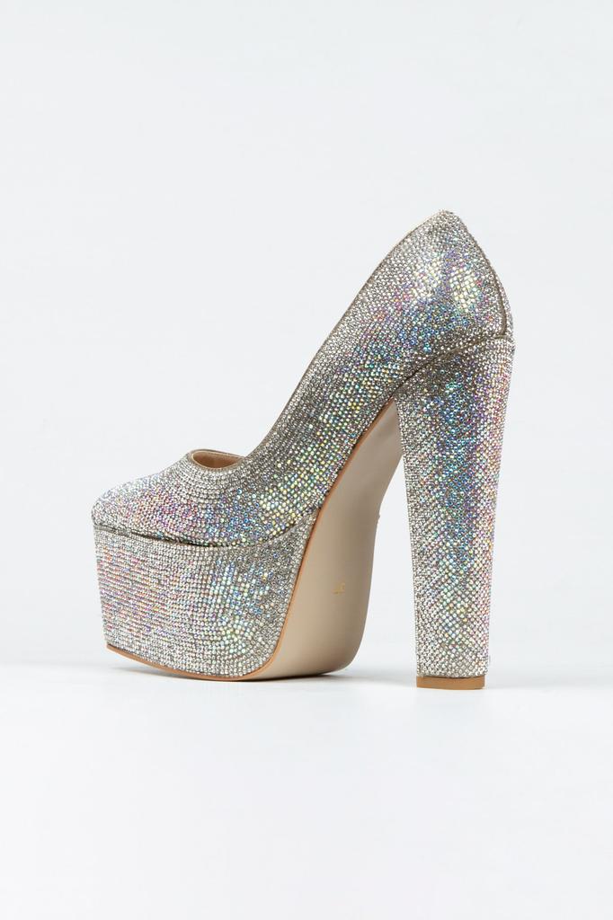 Women's Fashion Gold Full Stone Classic Pointed Thick Heeled Pointed Platform Evening Dress Shoes For Party