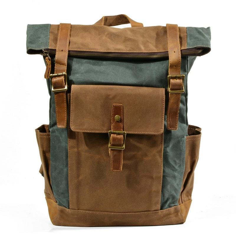 Sac à dos de luxe pour homme en toile cirée à l'huile avec cuir de vachette Sac pour ordinateur portable Haute qualité Tendance Sac à dos de voyage Imperméable Rétro Sacs à dos de jour