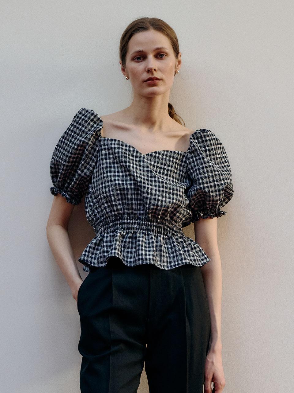 Ed Mang Puff Sleeve Smoked Crop Check Blouse - Navy F
