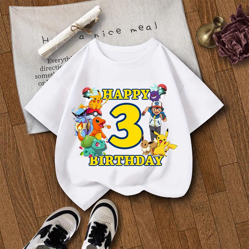 T-shirts d'anniversaire pour enfants, motif Pokémon, Pikachu, manches courtes, imprimés, vêtements d'été