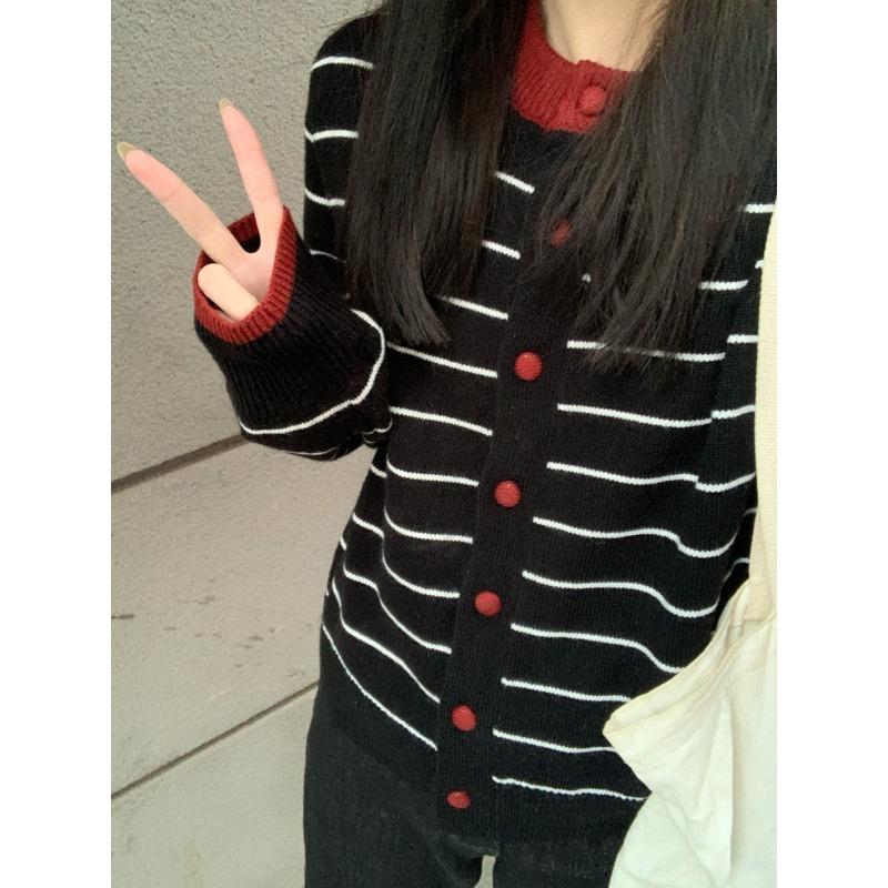 

Кардиган вязаный в полоску контрастных цветов в стиле колледжа женский новый весенне-осенний однобортный свободный топ-куртка L чёрный